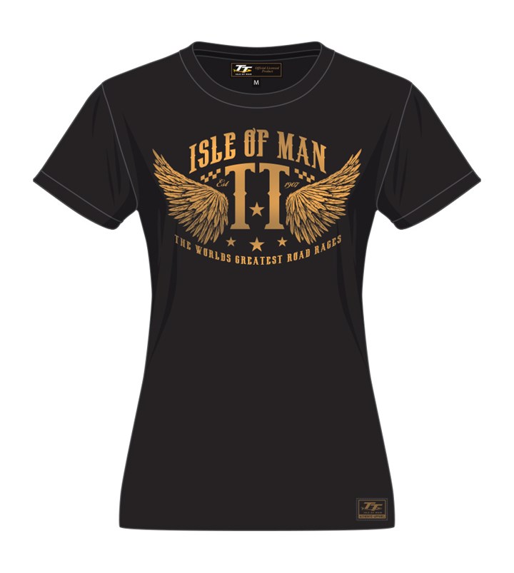 TT Ladies Printed Gold T Shirt Black : Isle of Man TT Shop