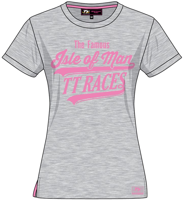 IOM TT Races Ladies T-Shirt Grey/Pink - click to enlarge