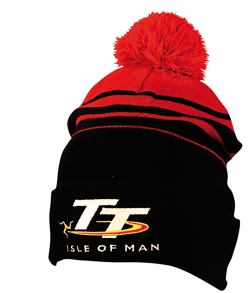 red and black bobble hat