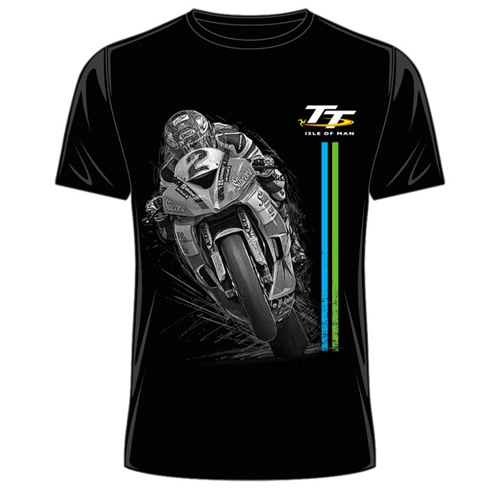 TT Bike 2 Blue/Green Stripe T-Shirt Black - click to enlarge