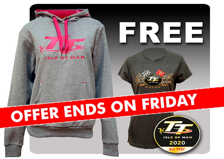 TT Ladies Hoodie Grey with Free Gold Bikes T- Shirt and TT Pin - click to enlarge