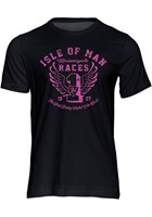 Isle of Man Road Races Distressed Wings T-Shirt Pink on Black