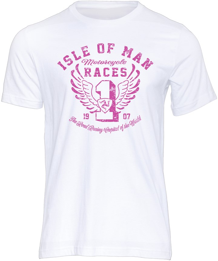 Isle of Man Road Races Distressed Wings T-Shirt Pink on White - click to enlarge