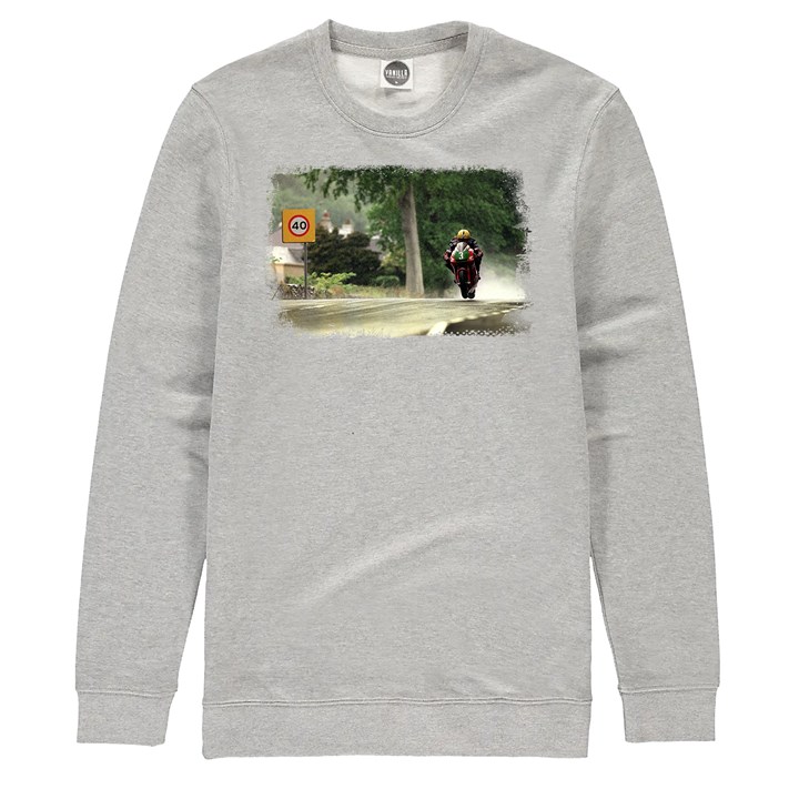 Joey Dunlop in the Rain TT 1998 Print Sweathshirt Heather Grey - click to enlarge