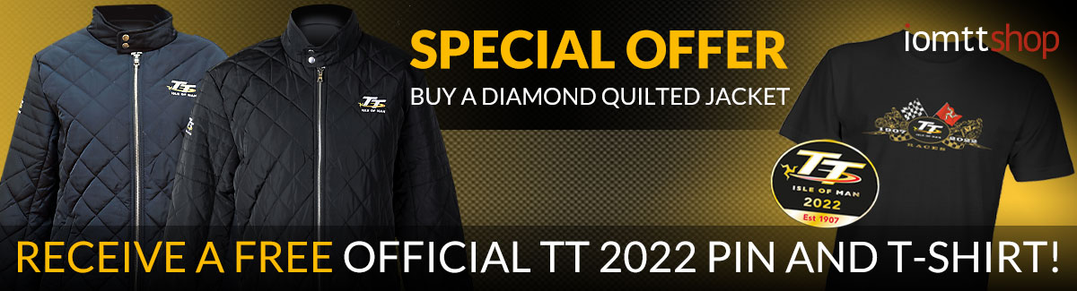 Buy an official Isle of Man TT Diamond Quilted Jacket and receive a free T-shirt AND 2022 pin badge