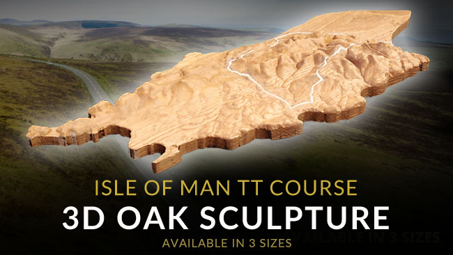 Isle of Man TT Course sculpture - 3D topographical maps of the Isle of Man made out of oak. Three sizes available